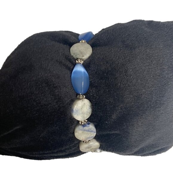 Beaded Bracelet With Marbled Blue Gray Disc Stones Silver Tone Toggle Clasp - Picture 4 of 7